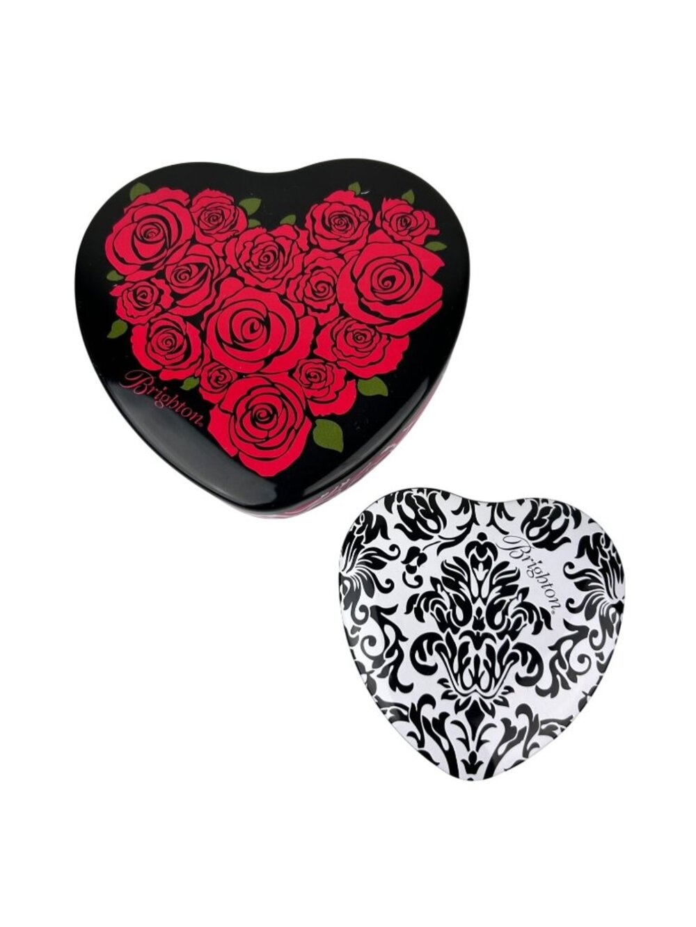 Brighton Jewelry Tins Storage Trinket Lidded Boxes Red Rose Black Damask Set (2)